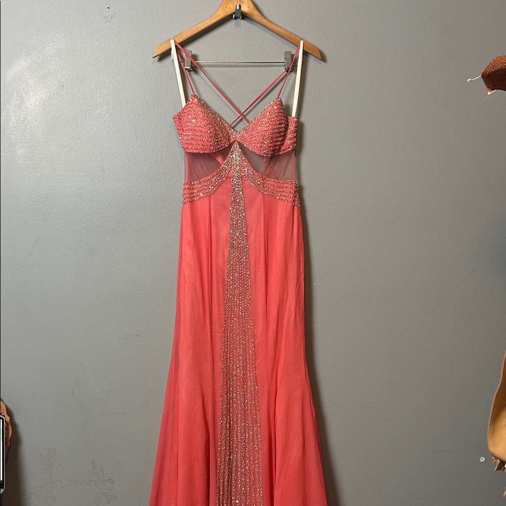 Cassandra Stone Silk Vintage Coral Pink Beaded Evening Gown Maxi size 4